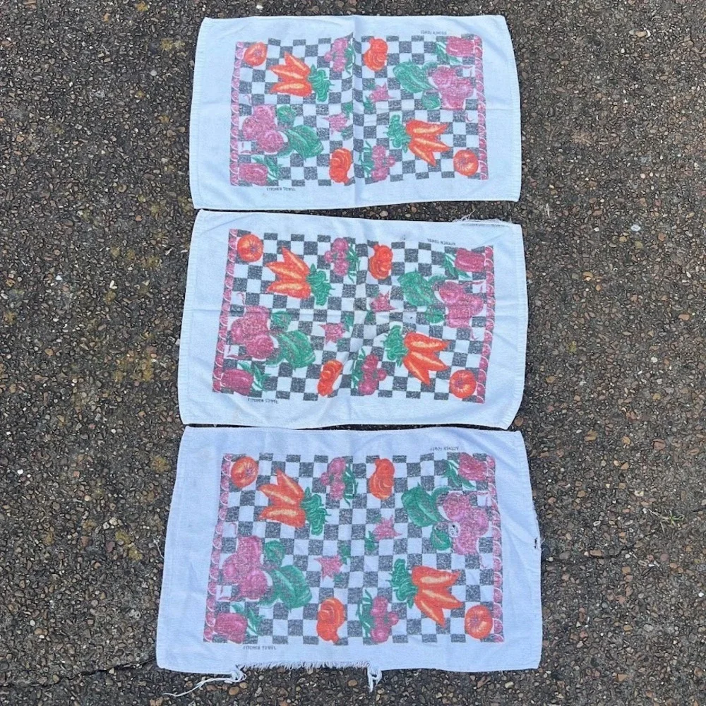 Vintage Vegetables Checkerboard‎ Retro Kitchen Dish Towel Set of 3